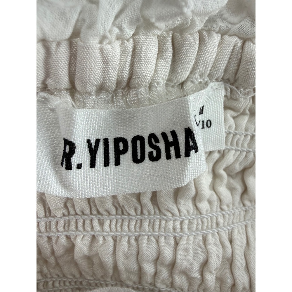 R.Yiposha White Swiss Dot Smocked Midi Dress Womens Medium Puff Slve Cottagecore - Picture 3 of 7